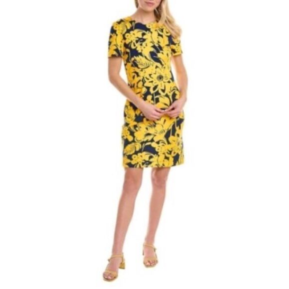 Trina Turk XL Short Sleeve Ponte Stretch Sheath Dress Yellow Tropical Floral New - Picture 1 of 8